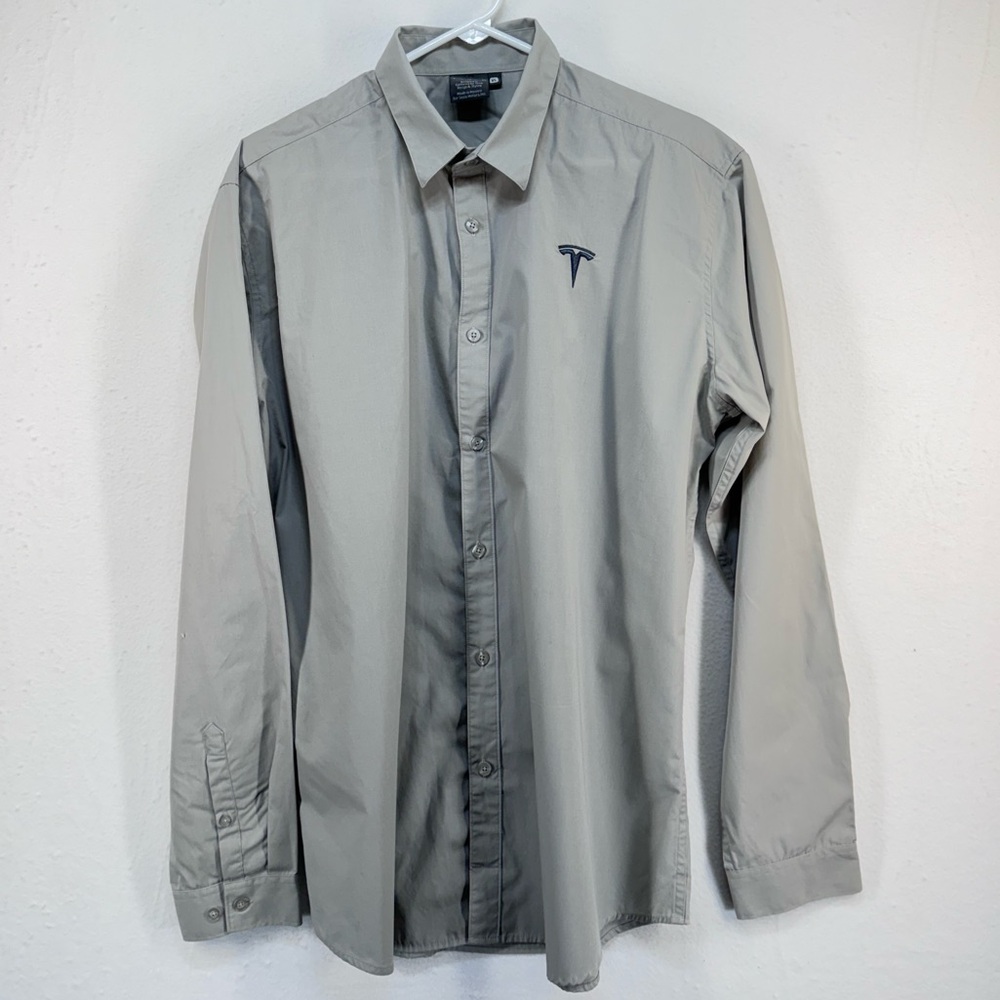 Tesla Shirt Mens XLarge Gray Button Up Long Sleeve Casual Logo